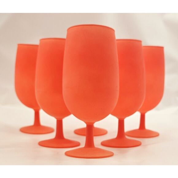 Vtg MCM Rainbow Glass Co Orange-Red Frosted Footed Goblet Set Of 6 Matte Finish - Picture 3 of 6